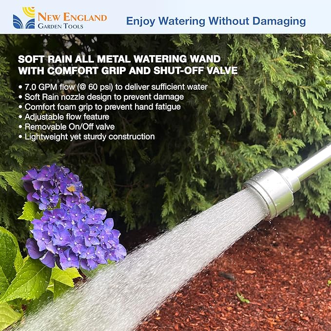 18 Inch Soft Rain Watering Wand 600007, Gentle Shower Spray, Heavy Duty Lightweight Metal Build, Comfort Grip, Flow Control Shut Off Valve, for Plants, Yards, Cars & Pets, by New England Garden Tools