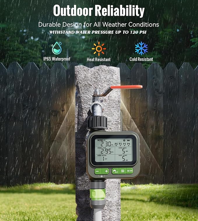 Smart Sprinkler Timer, 4-Zone Programmable Outlet Watering timers, IP65 Waterproof Automatic/Manual Hose Timer with Child Lock for Lawn, Yard, Garden, and Pool (one)