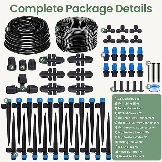 240FT Drip Irrigation System Kits, Quick-Connect Garden Watering System for Raised Bed, Potted Plants, Lawn, Greenhouse with 1/2 inch Hose 1/4 inch Tubing and Accessories