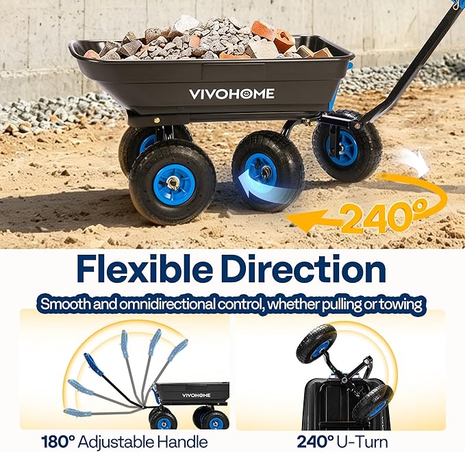 VIVOHOME 4 Cu.Ft 660lbs Wheelbarrow Garden Cart Dump Wagon with 2-in-1 Convertible Handle Attach to ATV or Tractor, 10" All Terrain Wheels, Quick Release Heavy Duty Utility Trailer for Yard-Blue