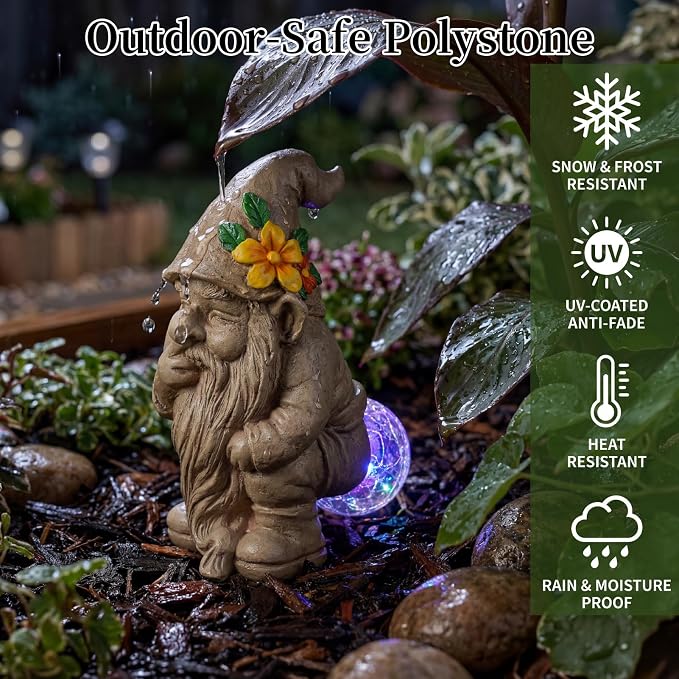 Lyeasw Solar Funny Garden Gnome Statue - Gnomes for Dad - Waterproof Outdoor Garden Sculpture Light for Yard, Porch, Patio & Balcony - Birthday Gift for Mom, Grandma & Garden Lovers
