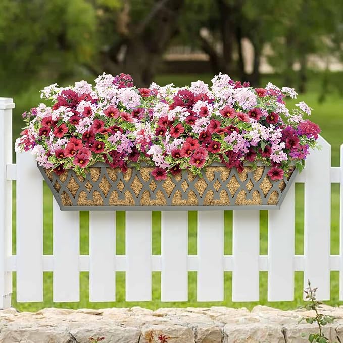 6 Pack 30 Inch Window Boxes Planters Railing Planter Box with Adjustable Brackets for Porch Fence Patio Balcony Hanging Flower Baskets with Coco Liners for Outdoor Garden Decor - Dark Grey