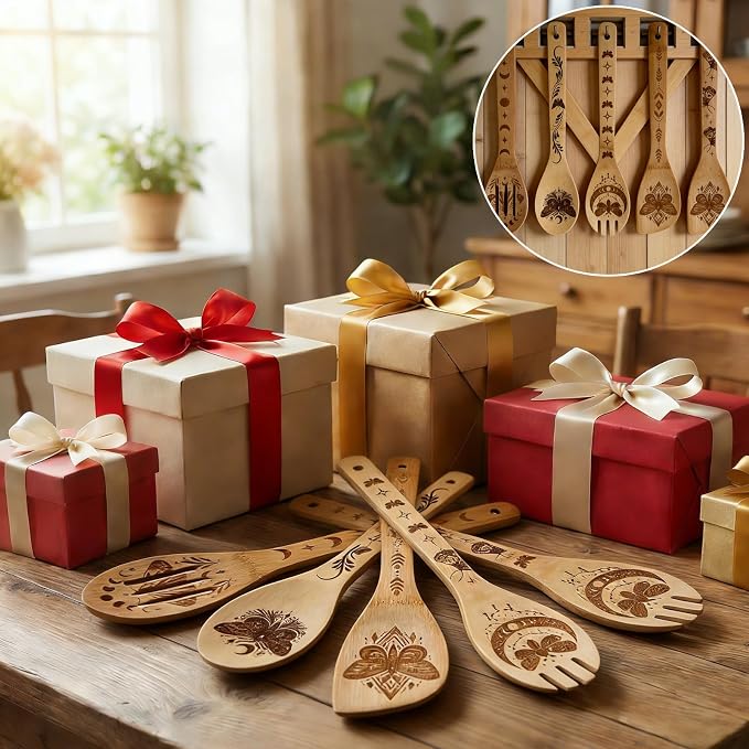 5Pcs Unique Butterfly Print Bamboo Spoon for Cooking - Wooden Spoons with Keychain Butterfly Decor Kitchen Utensils Gifts for Women Mom Couple Wife Hostesses House Warming