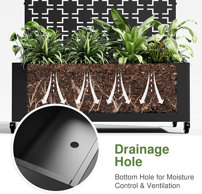 Casaphoria Metal Raised Garden Bed with Trellis and Wheels, 47"x47"x16" Planter Box for Climbing Plants, Vegetables & Vines, Features Drainage Holes and Privacy Screen (Black-Square)