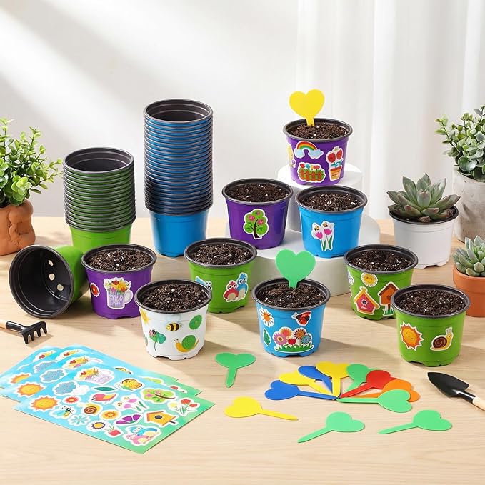 50 Sets Garden Pot Craft Kit, Flower Plant Spring Craft Including Plastic Nursery Plant Pots Labels Tags Stickers for DIY Flower Planting Growing Birthday Arts Kit (Fresh)