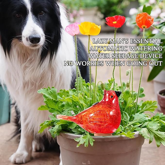 Plant Watering Globes, Bird Glass Self Watering Planter Insert - for Indoor & Outdoor Plants - Glass Plant Water Globes for Daily Use, Planter Spikes to Support Indoor & Outdoor Plant Health, Red