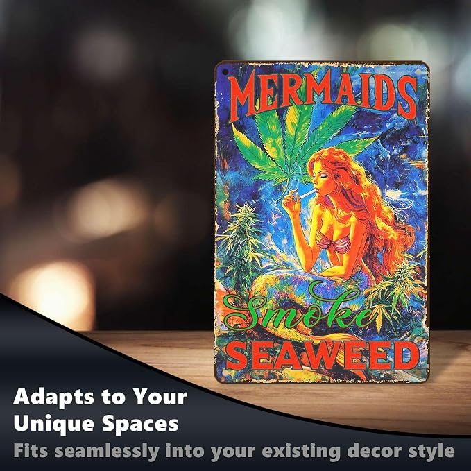 Vintage Mermaid Metal Sign Mermaids Smoke Seaweed Retro Ocean Beach Tin Sign Wall Decor Coastal Home Beach House Patio Porch Bathroom Coastal Novelty Decor Bar 12 * 8 In