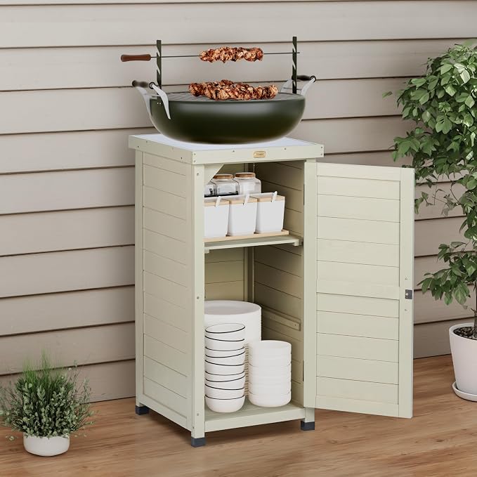 HABAU Outdoor Storage Cabinet, Potting Bench Table with Metal Tabletop & Shelves, Wooden Planting Workstation for Patio Garden, Weatherproof