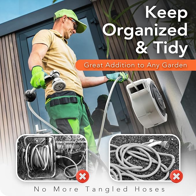 1/2" x 100+6 FT Heavy Duty Retractable Garden Hose Reel by HOZEREEL, Outdoor Garden Hose Reels - Self Retract Wall Mount Hose Reel Automatic Storage, Any Length Lock, 10 Pattern Nozzle Black
