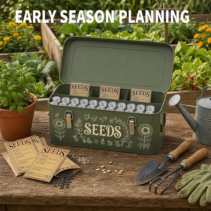 Seed Storage Organizer Box, 4 Compartment Locking Metal Case | Heirloom seed bank organizer provides professional greenhouse storage for master gardeners to secure valuable vegetable packs