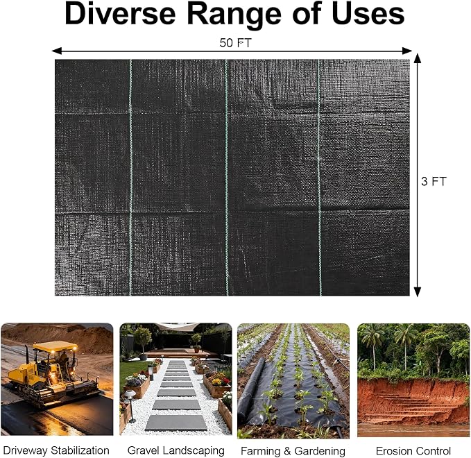 Weed Barrier Landscape Fabric 3FT x 50FT - 3.2oz Heavy Duty Weed Control Mat, High Permeability Woven Geotextile Fabric for Driveway, Gravel, Yard Ground Cover, Greenhouse Gardening