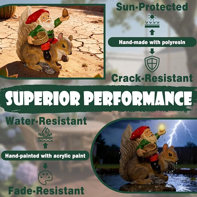 Funny Garden Gnomes Decorations for Yard Statue with Solar Lights Outdoor Squirrel Sculpture Decor