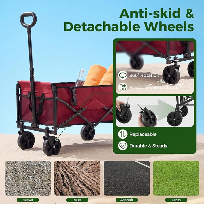 OLIXIS Collapsible Wagon 67L Compact Lightweight Utility Folding Wagon Cart with Wheels – 220 lbs Weight Capacity, Flexible Handle for Beach, Grocery, Camping, Shopping, Sports & Garden, Red