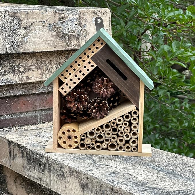 Wooden Insect Hotel for Garden, Natural Wood, Bee House and Ladybug House, Pollinator Bug Hotel to Attract Beneficial Insects