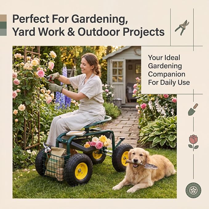 Kintness Garden Cart Rolling Wagon Scooter for Planting Swivel Work Seat with Tool Storage Utility Basket, Garden Scooter with 10" inch Wheel for Garden