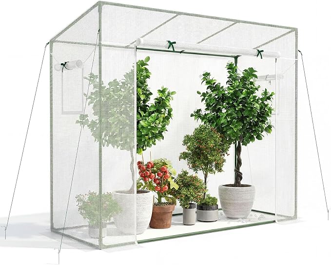 Giantex Walk-in Greenhouse, 4 Ground Stakes & Ropes, Outdoor Portable Mini Greenhouse w/ PE Cover, Heavy-Duty Metal Frame, Roll-up Zipper Door, Double-Layer Screen Windows, 6.6 x 2.5 x 5.6 FT