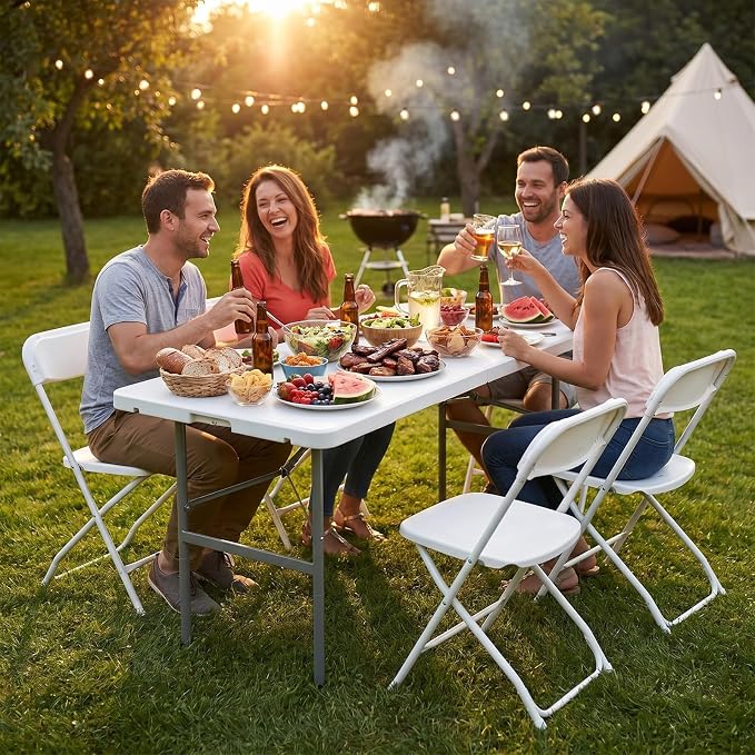 NEWBULIG 4 FT Foldable Table Easy to Fold and Store, Folding Picnic Table for Picnic Camping Kitchen Dining Party Outdoor Indoor with Carrying Handle, White