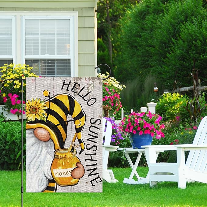 Heyfibro Hello Sunshine Summer Gnome Garden Flag 12x18 Double Sided Burlap Spring Sunflower Small Yard Banner for Rustic Seasonal Outside Outdoor House Decoration (ONLY FLAG)