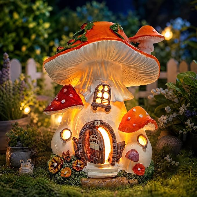 Solar Mushroom House Garden Decor, Fairy Garden Mushroom Cottage Figurines for Outdoor Lawn Patio Pathway Decoration, Gift for Women Mom Grandma