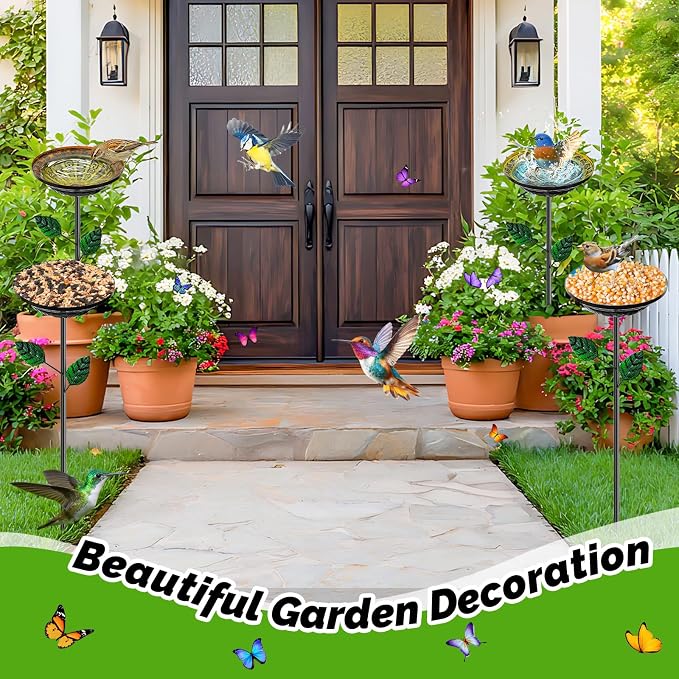 4 PCS Metal Bird Baths for Outdoors, Small Garden Bird Bath with Metal Stake, Hummingbird Feeder for Yard Lawn Decoration (Retro Double Color Splicing)