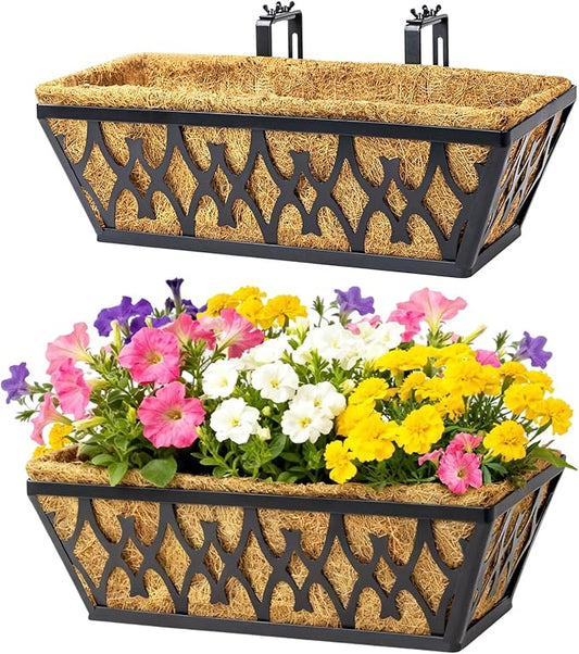 2 Pack 16 Inch Window Boxes Planters Railing Planter Box with Adjustable Brackets for Porch Fence Patio Balcony Hanging Flower Baskets with Coco Liners for Outdoor Garden Decor - Black