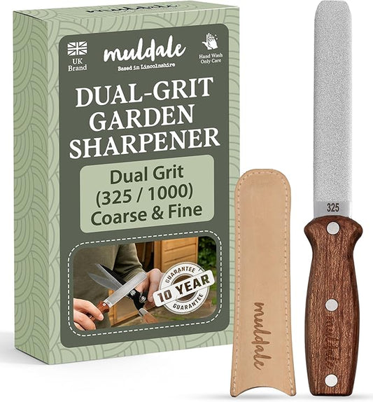 Muldale Garden Tool Sharpener - Dual Grit Titanium File with Leather Strop for Pruners Loppers Hedge Shears Mower Blades Axes and Machetes