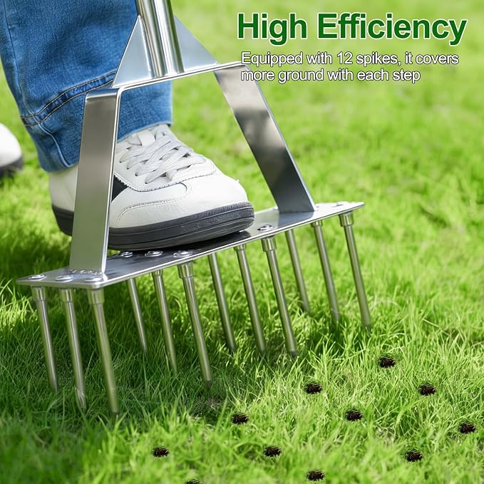 Lawn Aerator Tool, Heavy-Dut Stainless Steel Lawn Spike Aerator for Compact Soil Relief, Deep Root Aeration, Triangular Welded Base, 39.3" Long Handle for Yard Garden Lawn Care