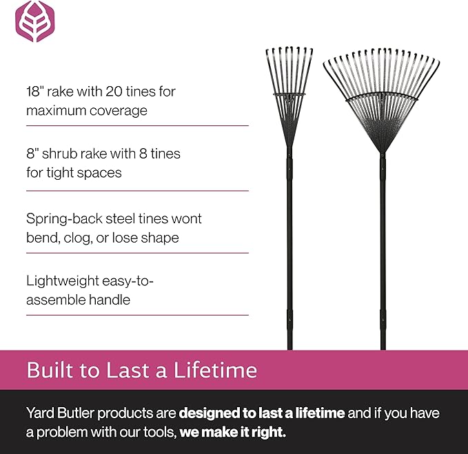 Yard Butler ILT-208 World’s Greatest Rake Set Garden Rake for Lawncare - Convenient Garden Cleaning Accessory - Lightweight Wooden Handle - Steel Tines - Easy to Maneuver