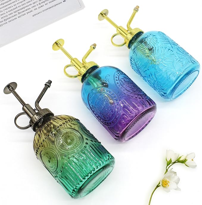 Glass Plant Mister Spray Bottle, 350ML Vintage Plant Spritzer with Top Pump Watering Can for Indoor Outdoor House Plants,Flowers (Gold-Green)