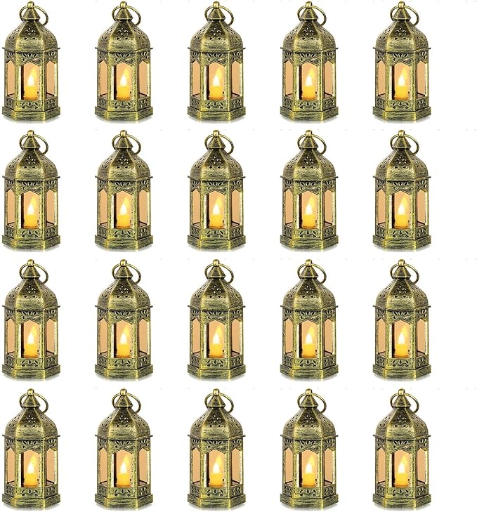 Mini Lanterns Decorative for Wedding Centerpiece - 20 Pcs Romadedi Hanging Small Gold Lantern Bulk with Flickering LED Candles for Halloween Decorations, Christmas Table Decor, Batteries Included