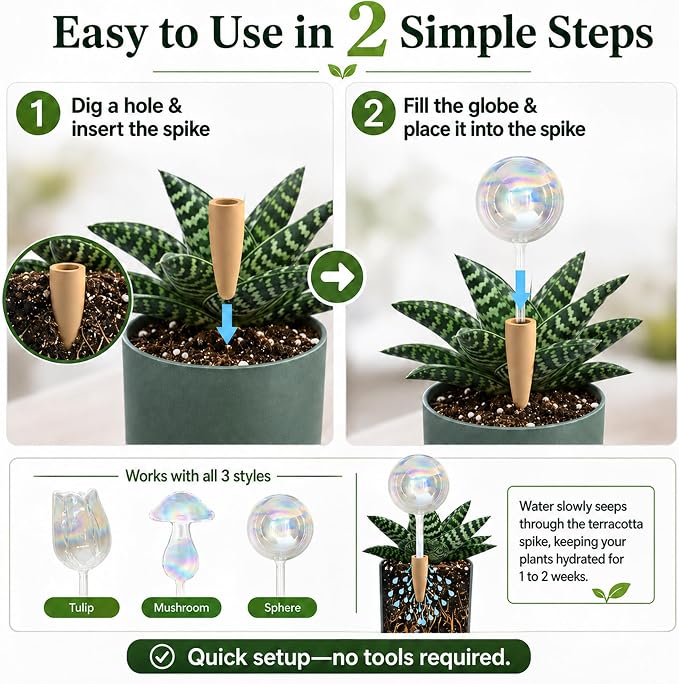 HyJeryty Non-Clogging Iridescent 2 Pack Ball Plant Watering Globes with Terracotta Spikes, Hand Blown Glass Self Watering Planter Insert Plant Watering Devices Bulbs for Indoor and Outdoor Plants