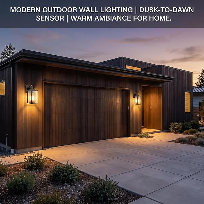 Dusk to Dawn Porch Light, Outdoor Wall Light, All-Metal Frame | Auto On and Off, Rust-Resistant, Tempered Glass, Easy DIY Install on Porch, Garage