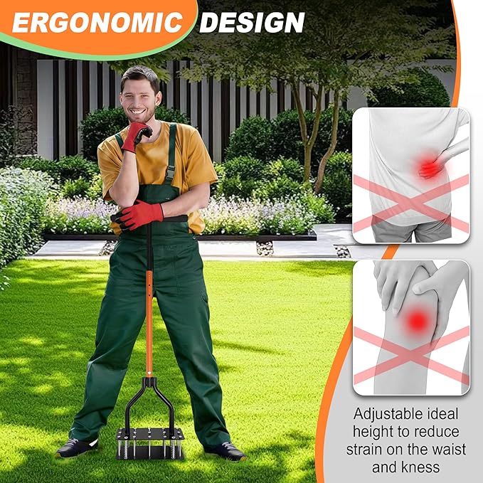Lawn Aerator Tool, Manual Lawn Aerators with Padded T-Handle, 15 Solid Steel Spikes, Dual-Layer Design for Aeration in Lawn, Yard, Garden Soil (Include Gloves)