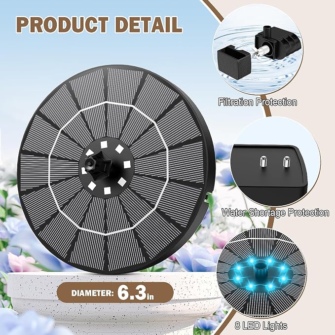 Yzert Solar Fountain for Bird Bath Colorful Lights Automatic Cycle 3.5W Solar Water Fountain Outdoor Garden 2200mAh Battery