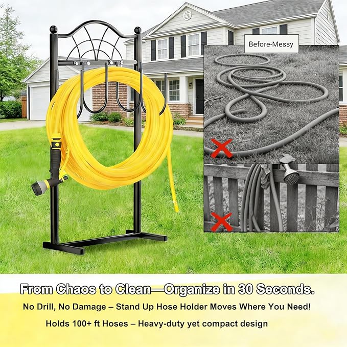Garden Hose Holder,Upgraded Freestanding Hose Holder with 4 Spikes, Heavy Duty Metal Hose Reel,Sturdy Hose Stand Holds up to 100ft Hose for Outside,Yard & Lawn Garden,Black