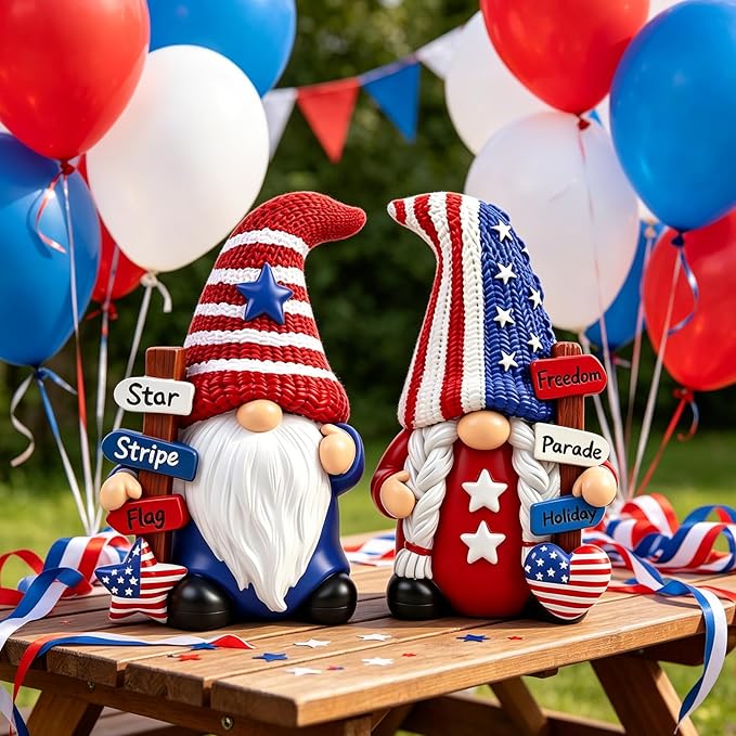 4th of July Gnome Decorations for Home 2 PCY Patriotic Desk Figurines Indoor Resin Collectible Statue Cute Holiday Ornament for Table Home