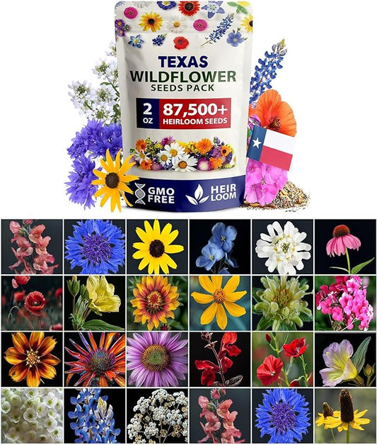 HOME GROWN Texas Wildflower Seeds Bulk Mix | 87,500+ Non-GMO Perennial Flower Seed for Attracting Bees, Birds & Butterflies | 22 Varieties for Full Sun & Shade Gardens | 2 oz