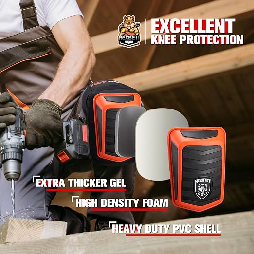 REXBETI New Upgraded Knee Pads for Work, Construction Knee Pads for Men, Heavy Duty Comfortable Anti-Slip Foam Gel Knee Pads for Gardening Flooring and Cleaning, Extra 4 Extension Straps, Orange