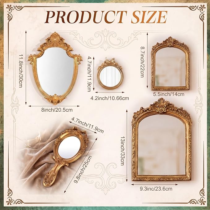 5 Pcs Vintage Gold Mirror Luxury Set Small Gold Mirrors Vintage Gallery Wall Mirror Hanging Antique Art Decor for Wall Living Room Entryway Assorted Sizes(Classic Style,13in/8in/7in/4in)