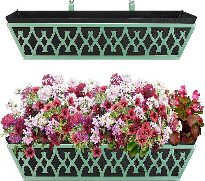 2 Pack 24 Inch Window Boxes Planters Railing Planter Box with Adjustable Brackets & Non-Woven Fabric Plant Grow Bags Deck Railing Planter Boxes Balcony Hanging Flower Box for Outdoor Plants