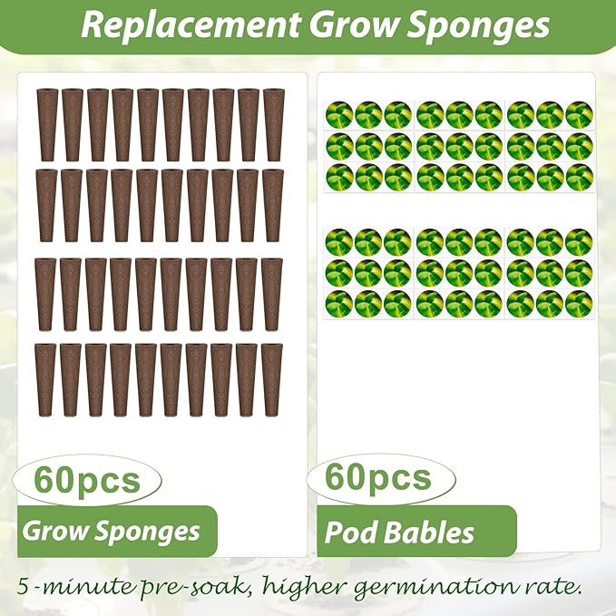 60 Pack Grow Sponges, Hydroponic Pods Replacement Compatible with AeroGarden and Most Hydroponic Systems, 60 Pcs Universal Replacement Sponges and 60 Pcs Plant Labels for Hydroponics Indoor Garden