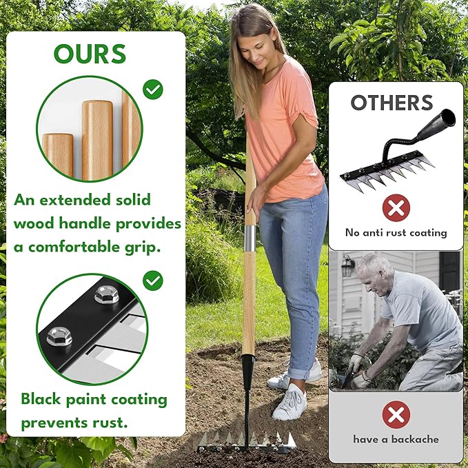 Iron Weeding Rake with Long Handle 2.0, Upgraded 8 Teeths Garden Weed Puller Tool Heavy Duty Gardening Tool for Lawn, Flower Beds & Soil Aeration
