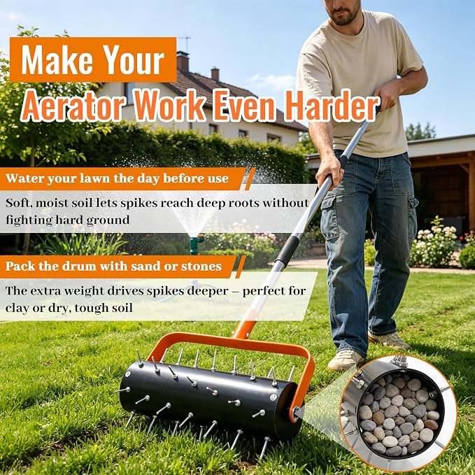 Rolling Lawn Aerator Heavy Duty Spike Aerator Roller with Adjustable Handle & 48 Spikes, Fillable Drum Manual Push Aeration Tool for Lawns, Gardens, Yards, Patio