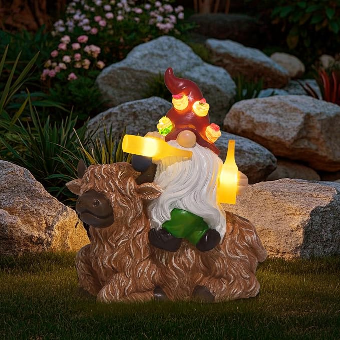 Dad Gifts for Fathers Day,Gnome Garden Decor Statue with Solar Light Lantern, Highland Cow Birthday Gifts for Men Women Mom Grandma, Funny Waterproof Resin Figurine Outdoor Decor for Yard Patio Porch