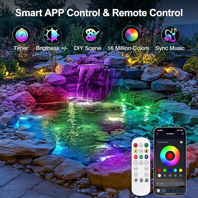 Pond Light with APP, 6W Underwater Pond Lights with 12V Transformer | IP68 Waterproof Submersible LED Fountain Lights with 32FT Cable for Ponds Waterfall Fountain Water Feature, 1 SpotLights