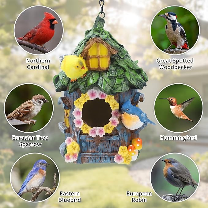 Bird Houses for Outside Real Wood-Look Birdhouse with Blue Bird – Hand-Painted Resin Birdhouses for Outdoors for Bluebird Finches Cardinals Bird Nesting Garden, Patio, Yard