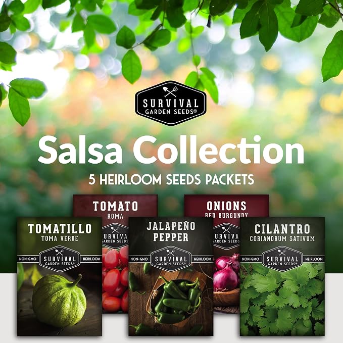 5 Variety Salsa Garden Seed Kit – Seeds for Planting Tomato, Tomatillo, Onion, Jalapeño & Cilantro | Non-GMO Heirloom Collection by Survival Garden Seeds