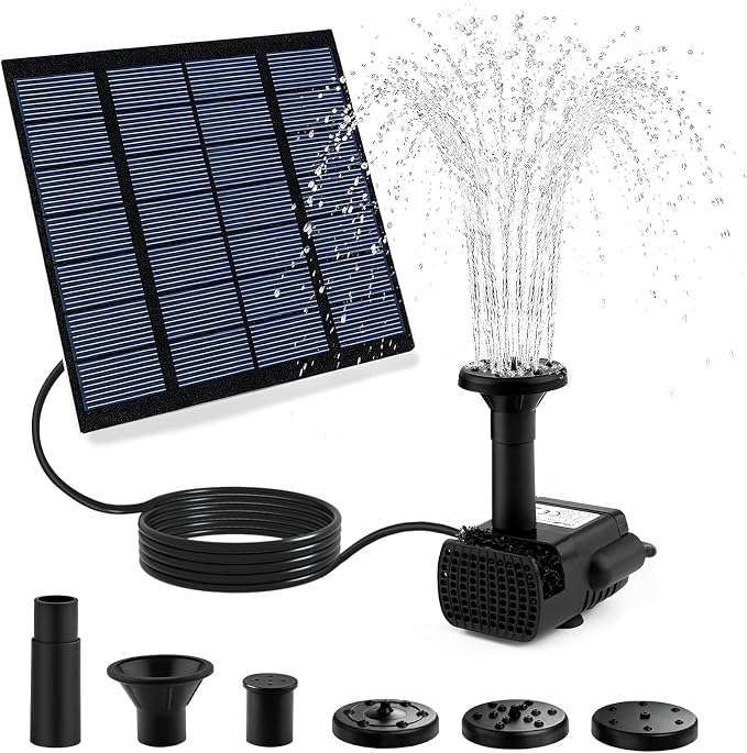 Solar Fountain Pump, DIY Solar Water Pump Kit for Bird Bath, Upgraded 1.8W Solar Powered Fountain with 9.84FT Cord & 4 Nozzles Modes for Outdoor Features, Ponds, Garden, Fish Tank