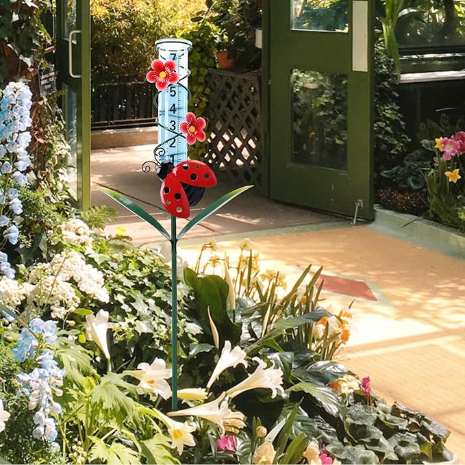 MUMTOP Rain Gauge Outdoor, 35 Inch Large Number Easy Read Water Measure Gauge for Lawn, Yard and Garden(Ladybug)