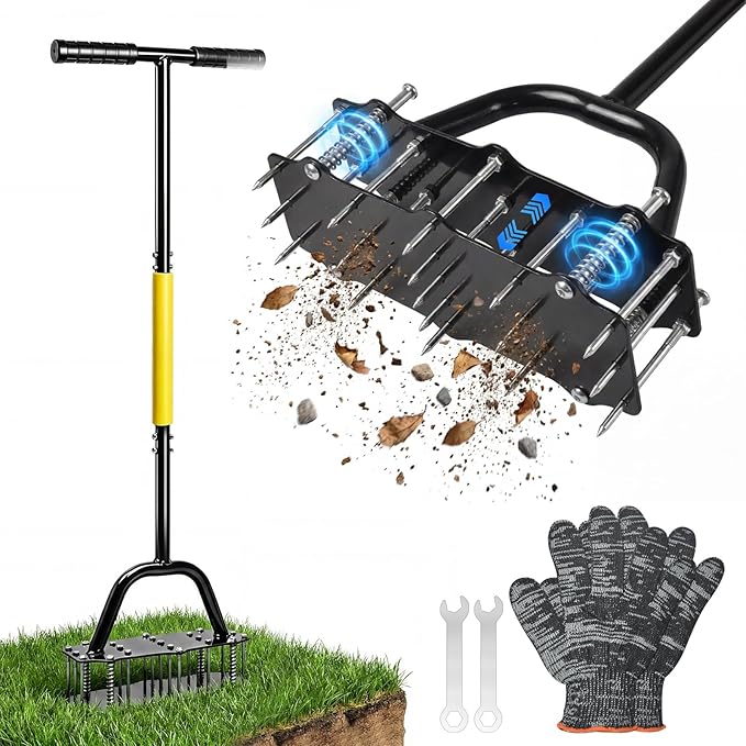 Manual Lawn Aerator with Double-Layer Spring, Heavy Duty Garden Soil Loosener Tool, Spike Aeration Tool with T-Handle and Large Foot Plate for Lawn, Yard, Garden Soil